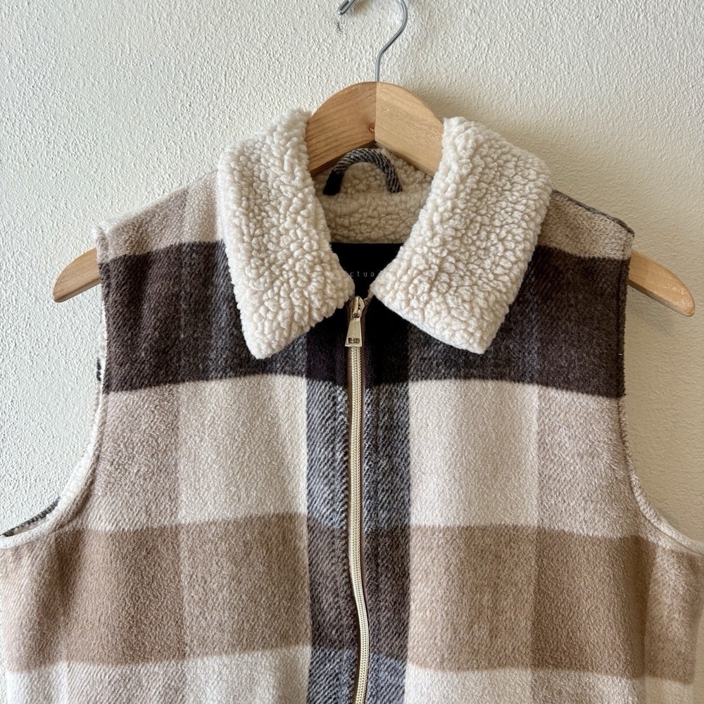 Sanctuary Plaid Sherpa Lined Vest Women's S Zip Front Brown Tan Cream Gorpcore - Picture 4 of 11